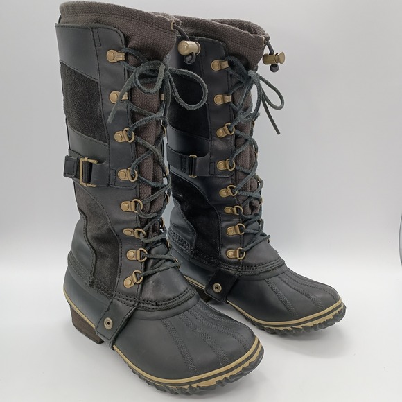 Sorel Shoes - Sorel‎ Conquest Carly Black Leather Rubber Tall Boots Womens 6.5 Rain Winter